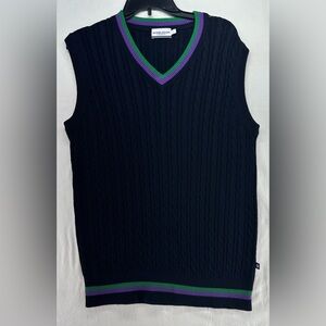 Wimbledon Navy Blue Cable Knit Sweater Vest Purple Green Stripe Womens Size L